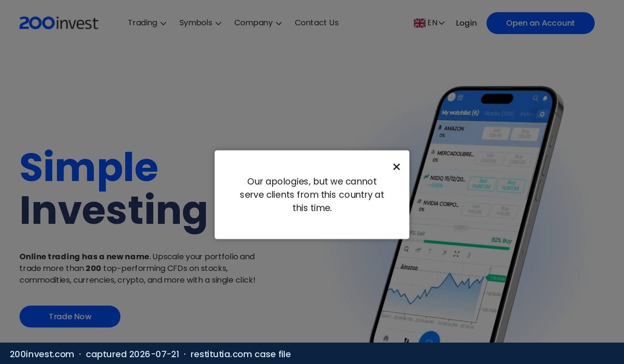 Screenshot of the website 200invest.com as captured on 21 July 2026