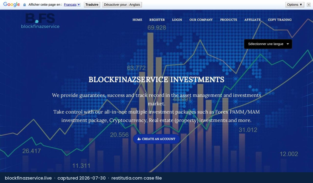 Screenshot of the website blockfinazservice.live as captured on 30 July 2026