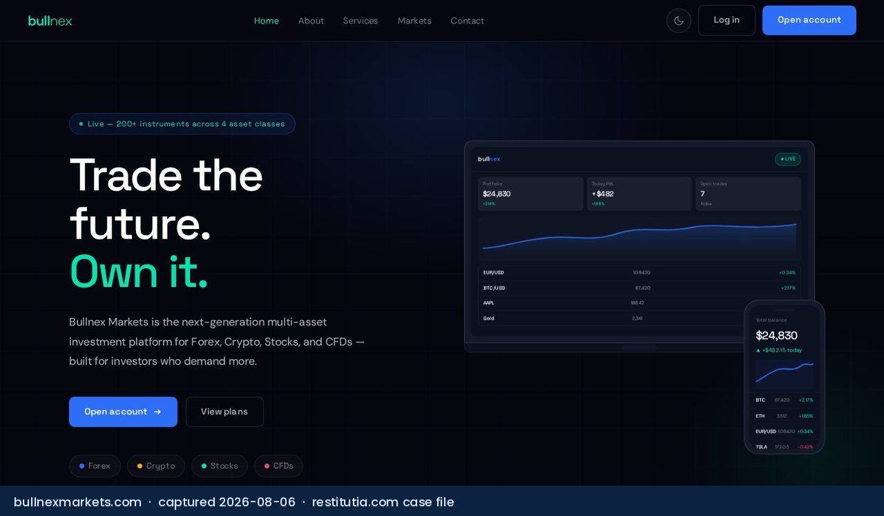 Screenshot of the website bullnexmarkets.com as captured on 6 August 2026