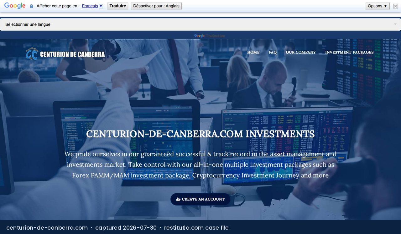 Screenshot of the website centurion-de-canberra.com as captured on 30 July 2026