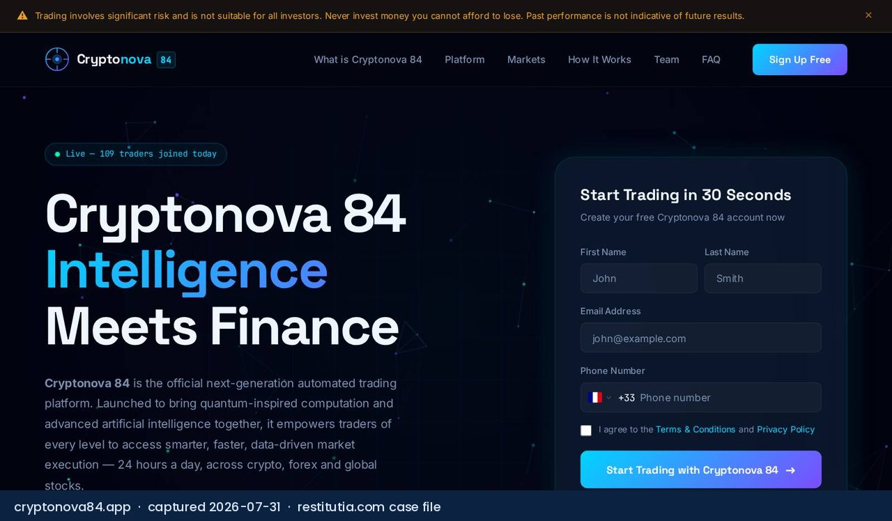 Screenshot of the website cryptonova84.app as captured on 31 July 2026