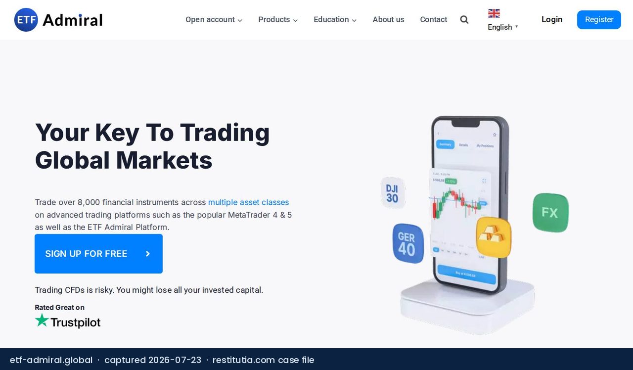 Screenshot of the website etf-admiral.global as captured on 23 July 2026