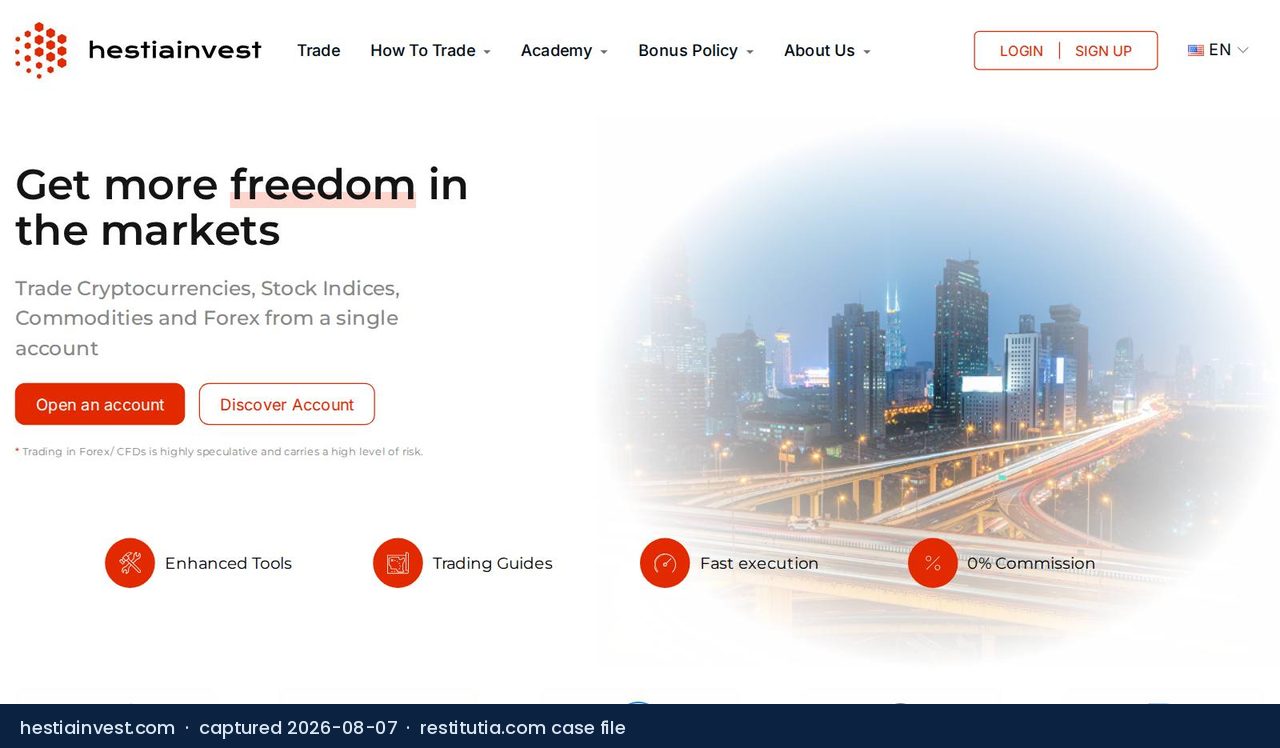Screenshot of the website hestiainvest.com as captured on 7 August 2026