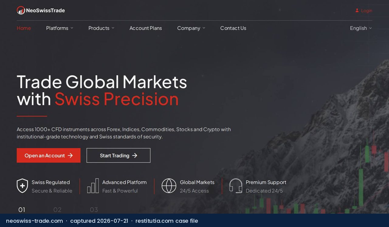 Screenshot of the website neoswiss-trade.com as captured on 21 July 2026