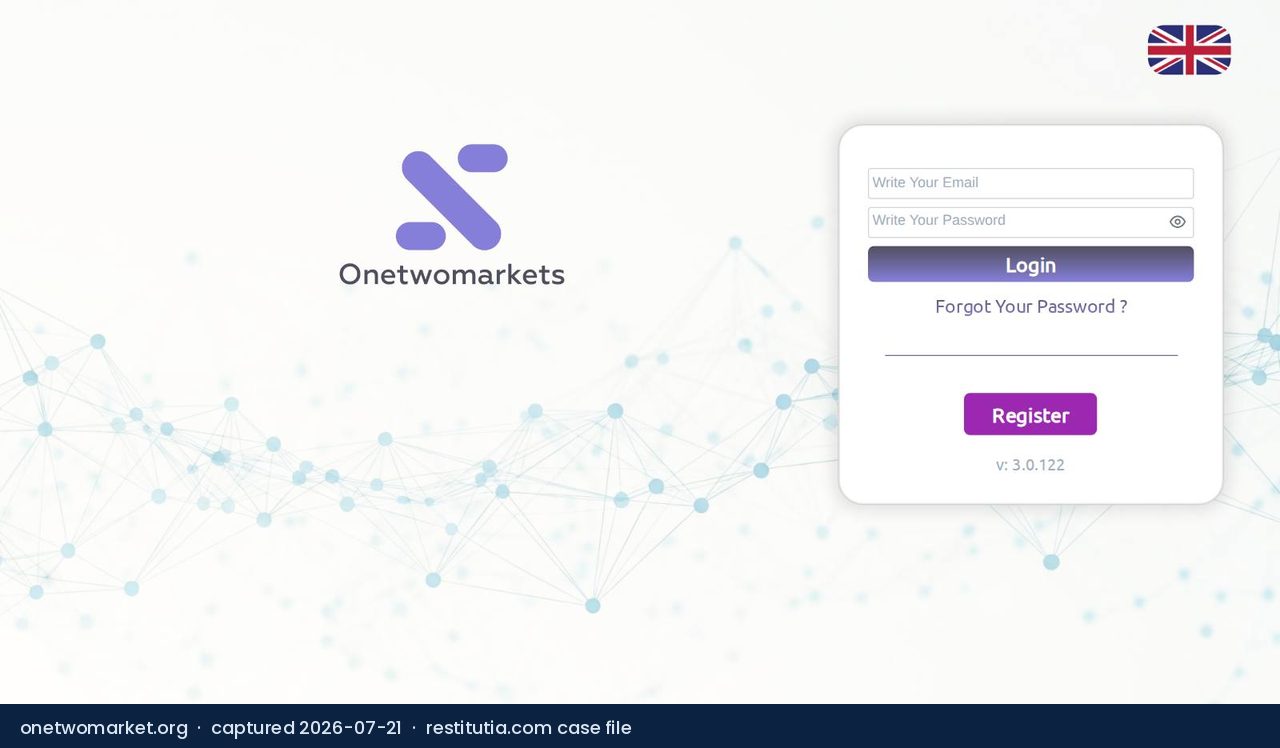 Screenshot of the website onetwomarket.org as captured on 21 July 2026