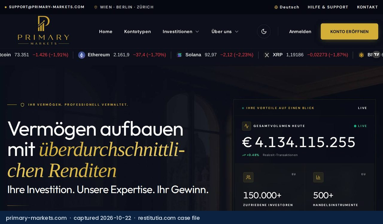 Screenshot of the website primary-markets.com as captured on 22 October 2026