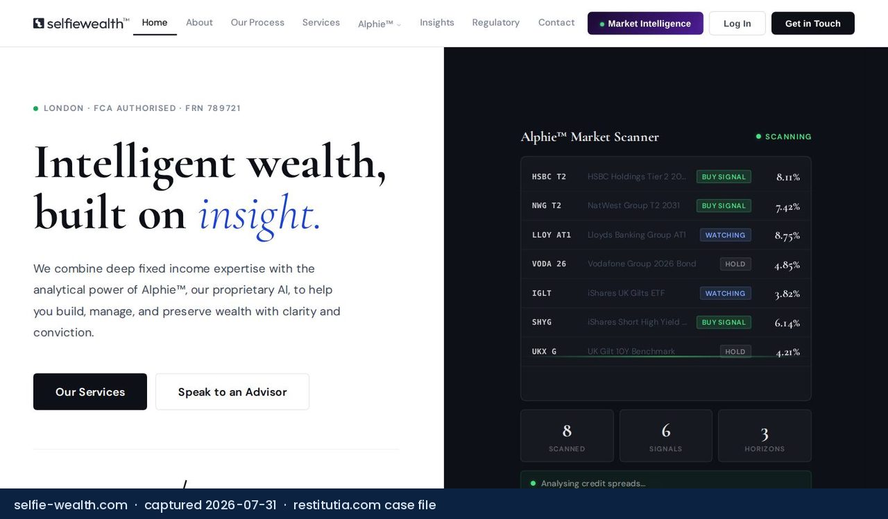 Screenshot of the website selfie-wealth.com as captured on 31 July 2026