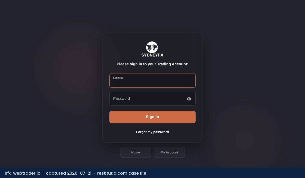 Screenshot of the website sfx-webtrader.io as captured on 21 July 2026