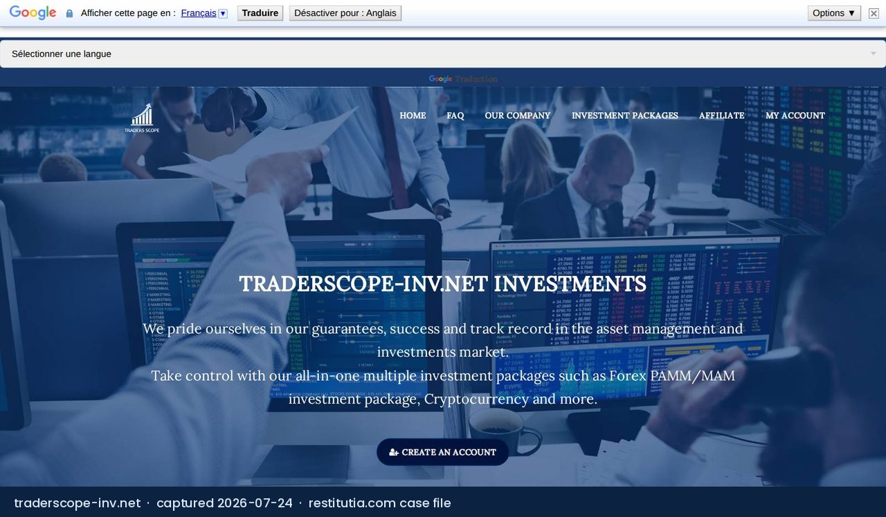 Screenshot of the website traderscope-inv.net as captured on 24 July 2026