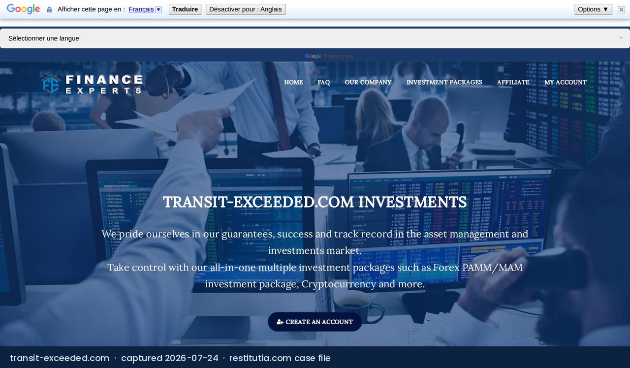 Screenshot of the website transit-exceeded.com as captured on 24 July 2026