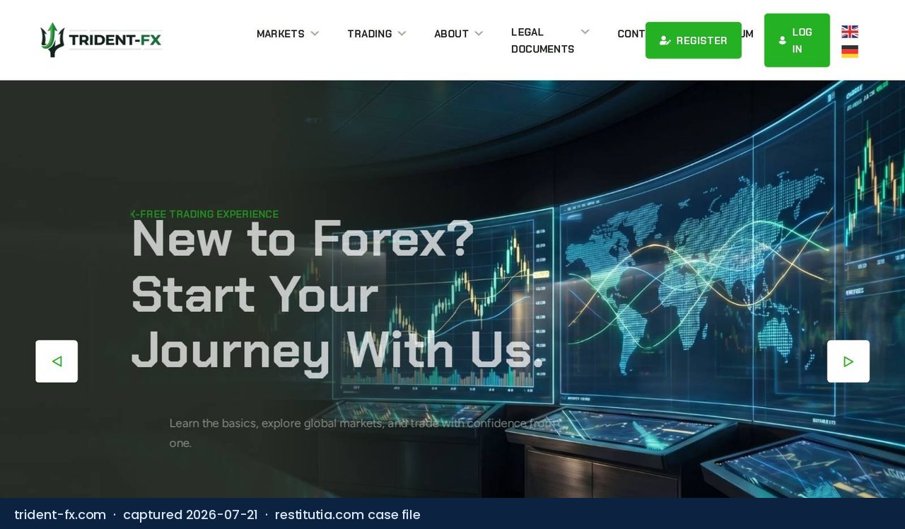 Screenshot of the website trident-fx.com as captured on 21 July 2026