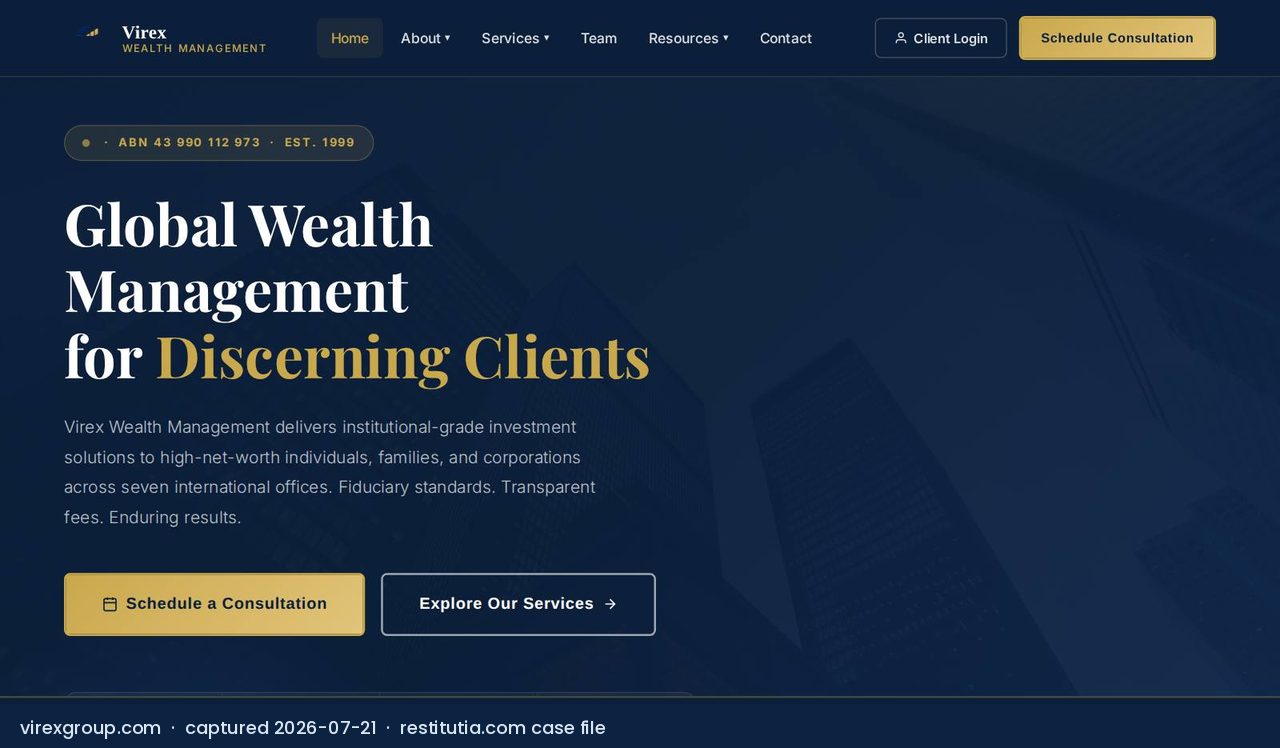 Screenshot of the website virexgroup.com as captured on 21 July 2026